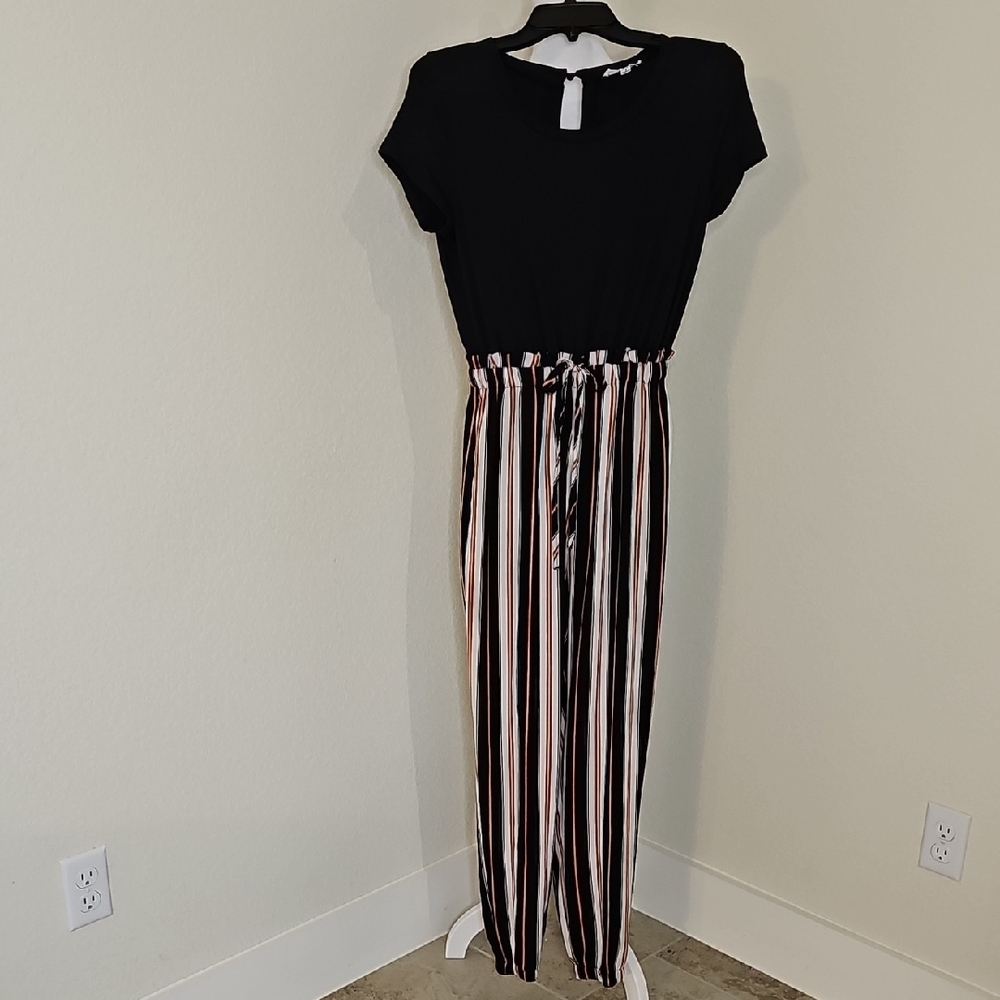 Bailey Blue Jumpsuit Scoop Neck Short Sleeve Black, Orange, White Stripe Medium